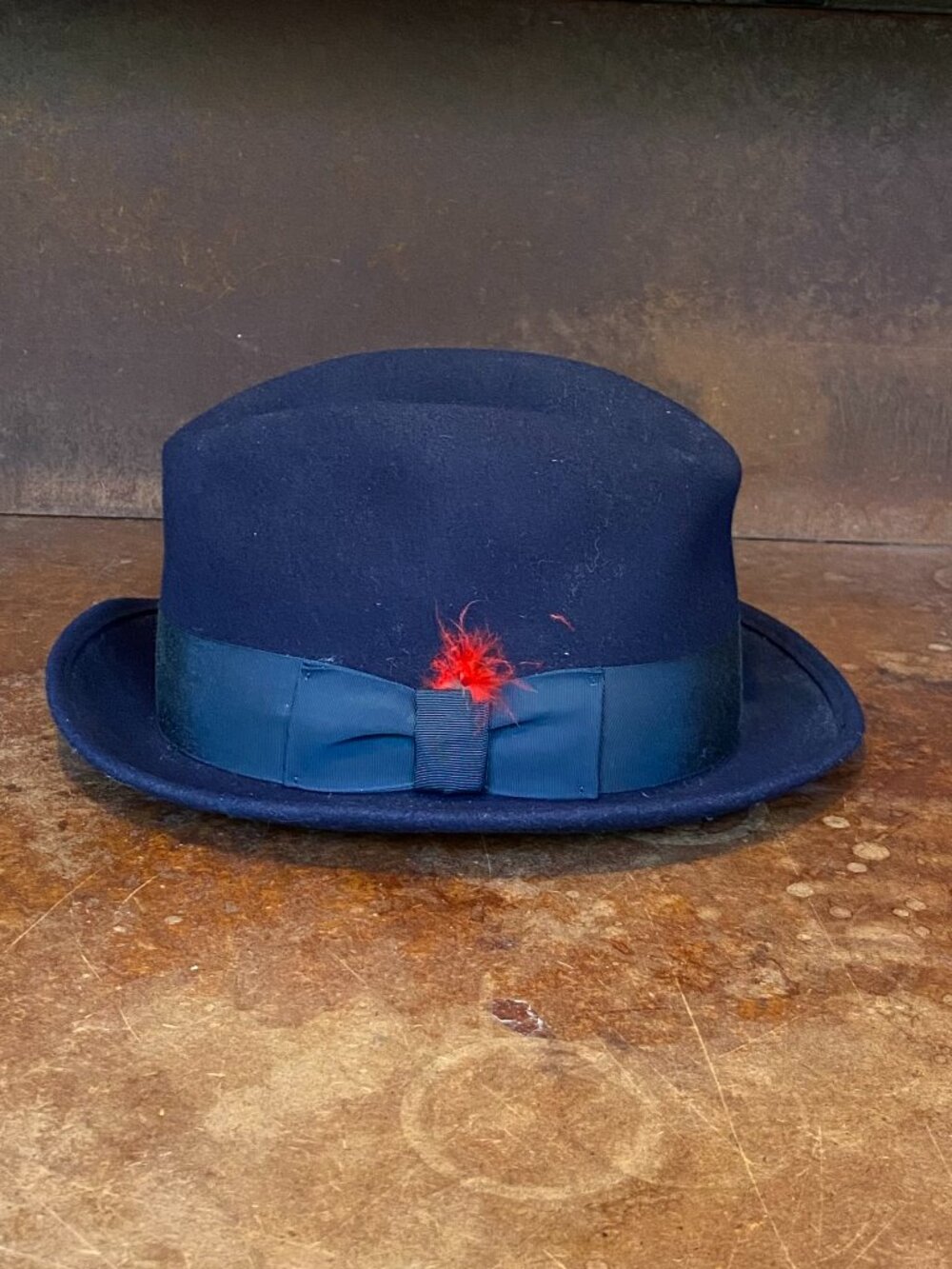 Vintage Haband Co. Morefelt Navy Blue Fedora Grosgrain Band Decorative Red Feath
